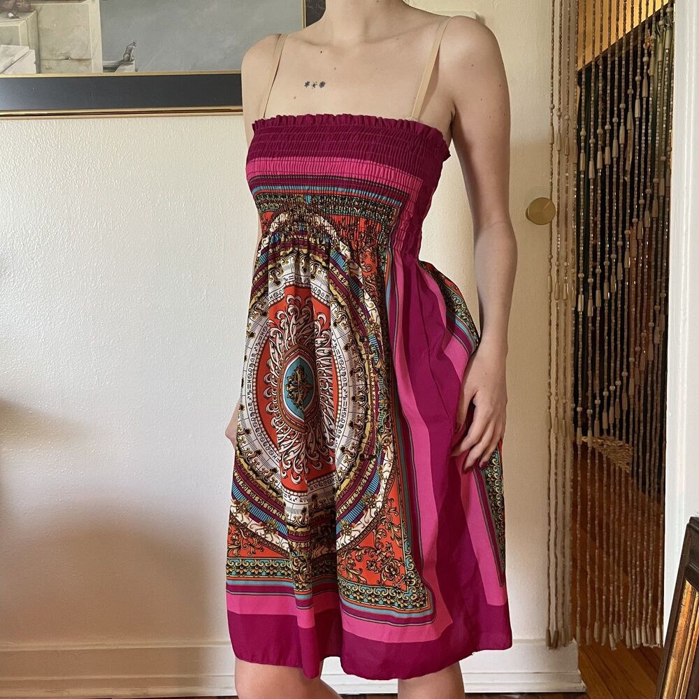Vintage Y2K Ruched Babydoll Strapless Pink Mandala Dress Size S Vacation